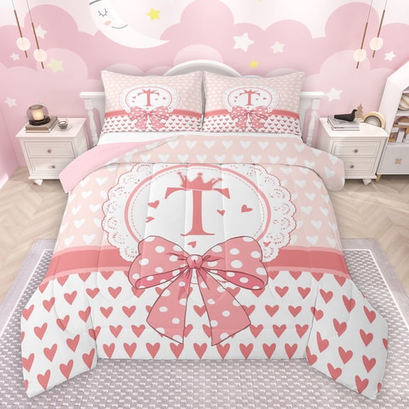 jejeloiu Letter T Monogrammed Queen Comforter Set,Cute Dots Bowtie Bedding Sets,Cartoon Loves Pattern Bedding Comforter Set For Girls,Microfiber Room Decorative Reversible,3 Pieces