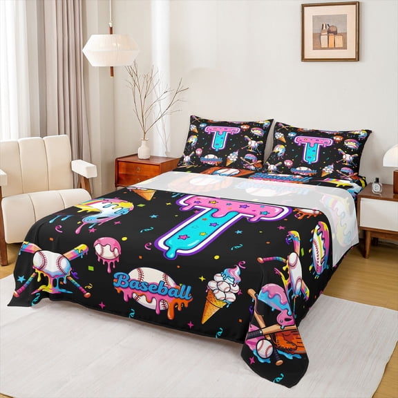 jejeloiu Monogram T Queen 4-Piece Girls Ice Cream Baseball Sheet Set
