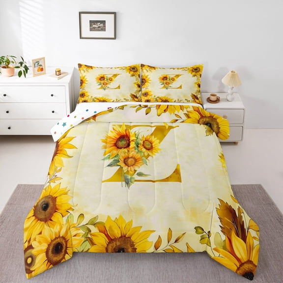 jejeloiu Letter Z Monogrammed Queen Comforter Set,Rustic Flower Print Bedding Sets,Retro Yellow Sunflower Bedding Comforter Set For Child,Microfiber Room Decorative Reversible,3 Pieces