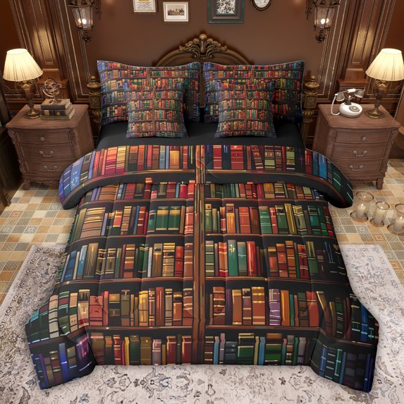 jejeloiu Library Old Books 7-Piece Twin Bedding Sets,Retro Wooden Bookshelf Bedding Comforter Set For Men Women Reversible