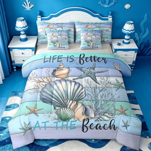 jejeloiu Life Is Better Print 7-Piece Twin Bedding Sets Kids,Ocean Coral Starfish Bedding Comforter Set,Reversible
