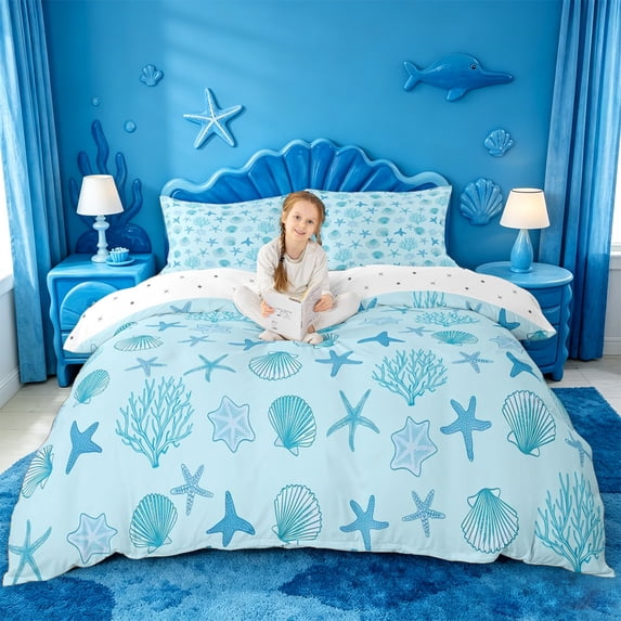 jejeloiu Light Blue Seashell Coral Bedding For Girls,Ocean Starfish Pattern Duvet Cover Full,Blue White,Reversible,3 Pieces,1 Duvet Cover and 2 Pillowcases