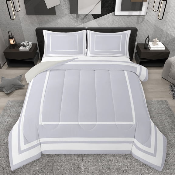 jejeloiu Light Gray White Full Size Comforter Sets,Abstract Geometric Suqare Box Bedding Comforter Set,Stripe Line Print Bedding Sets For Teens,Microfiber Bedroom Decor Reversible,3pcs