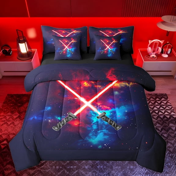 jejeloiu Gradient Light 7-Piece Bedding Comforter Set,Abstract Lightning King Bedding Sets,Red Black Blue Bed Sheets For Boys Kids,Microfiber Bedroom Decor Reversible