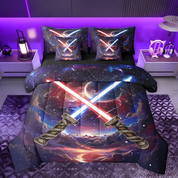 jejeloiu Lightsaber 7-Piece Bedding Comforter Set,Universe Starry Night King Bedding Sets,Colorful Galaxy Bed Sheets For Boys Kids,Microfiber Bedroom Decor Reversible