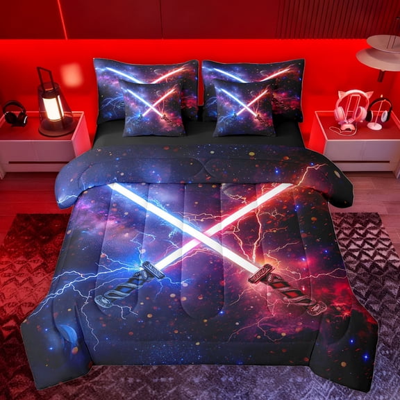 jejeloiu Gradient Light Fashion Games 7-Piece Twin Bedding Sets,Galaxy Starry Sky Bedding Comforter Set,Red Blue Lightning Sheet Sets For Teens,Luxury Bedroom Decor Reversible