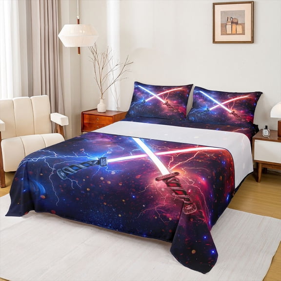 jejeloiu Lightsaber Fashion Games Twin Sheet Sets,Galaxy Starry Sky Twin Fitted Sheet,Red Blue Lightning Flat Sheet For Teens,Luxury Bedroom Decor,3pcs