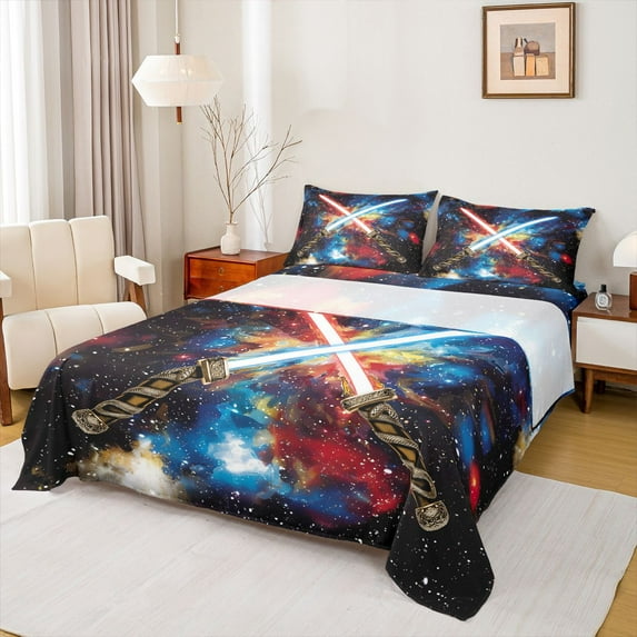 jejeloiu Lightsaber Fashion Games Twin Sheet Sets,Watercolor Graffiti Art Twin Fitted Sheet,Colorful Ink Flat Sheet For Teens,Luxury Bedroom Decor,3pcs