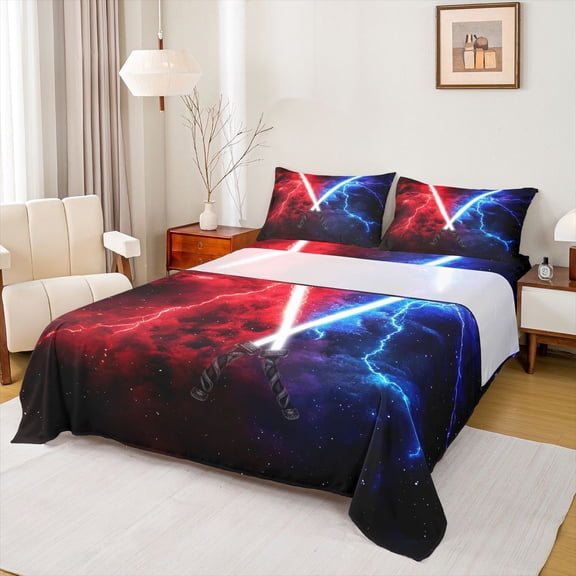 jejeloiu Gradient Light Full Size Sheets,Abstract Lightning Bed Sheets,Gradient Red Blue Sheet Sets For Boys Kids,Microfiber Bedroom Decor,4 Pieces