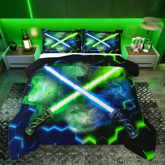 jejeloiu Lightsaber Game Bedding Comforter Set,Modern Fashion Gaming Twin Comforter Sets,Green Black Blue Bedding Set For Boys,Ultra Soft Home Decor Reversible,2-Piece
