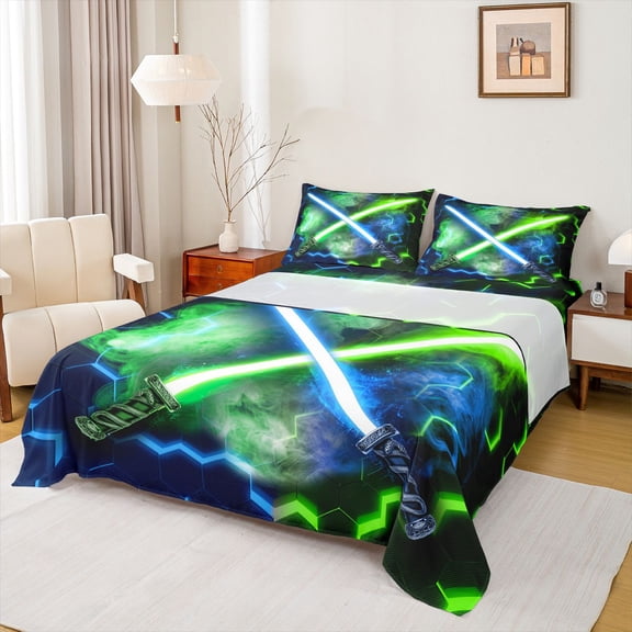 jejeloiu Lightsaber Game Twin Sheet Sets,Modern Fashion Gaming Twin Fitted Sheet,Green Black Blue Flat Sheet For Boys,Ultra Soft Home Decor,3-Piece