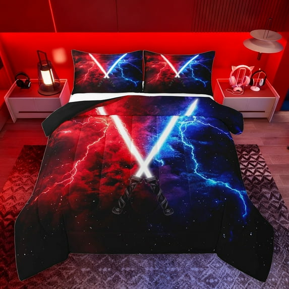 jejeloiu Lightsaber Queen Comforter Set,Abstract Lightning Bedding Sets,Gradient Red Blue Bedding Comforter Set For Boys Kids,Microfiber Bedroom Decor Reversible,3pcs