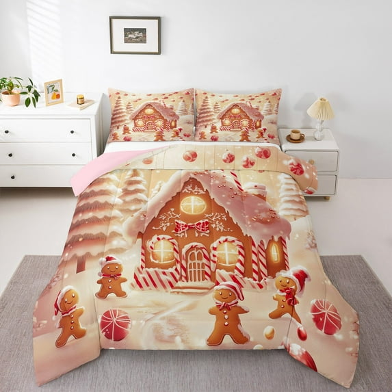 jejeloiu Little Bear Cookie Full Size Comforter Sets,Pink Xmas House Bedding Comforter Set,Happy Christmas Bedding Sets For Girls,Microfiber Bedroom Decor Reversible,3pcs