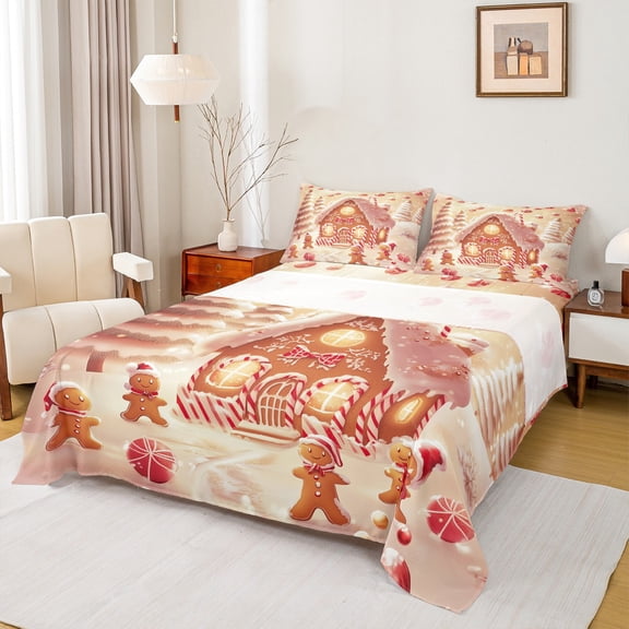 jejeloiu Little Bear Cookie Pink Xmas House Happy Christmas Twin Sheet Set,Microfiber Girls Bedding,3 Pieces