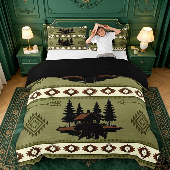 jejeloiu Lodge Wildlife Bedding,Rustic Print Duvet Cover Full For Boys,Green Cream,Black Reversible,3pcs,1 Duvet Cover and 2 Pillowcases