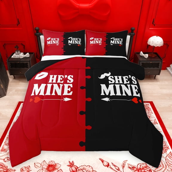 jejeloiu Love Couple Bedding Comforter Set,Happy Valentines Day Twin Comforter Sets,Red Black Bedding Set For Girls Boys,Microfiber Bedroom Decor Reversible,2-Piece