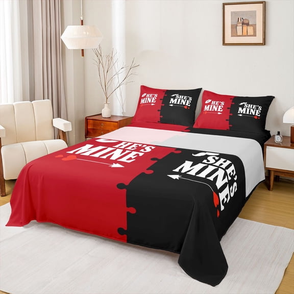 jejeloiu Love Couple Twin Sheet Sets,Happy Valentines Day Twin Fitted Sheet,Red Black Flat Sheet For Girls Boys,Microfiber Bedroom Decor,3-Piece