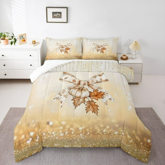 jejeloiu Love Fall Pumpkin Queen Comforter Set,Chiac Bow Tie Bedding Sets,Gold Sequin Print For Bedding Comforter Set Teens,Breathable Home Decor,3-Piece