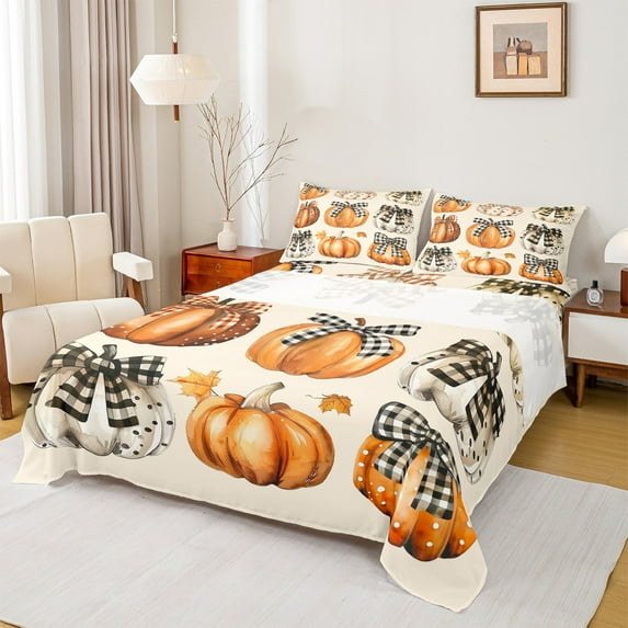jejeloiu Love Fall Pumpkin Twin Sheet Sets,Autumn Harvest Twin Fitted Sheet,Grid Bow Knot Flat Sheet For Teens,Breathable Home Decor,3pcs