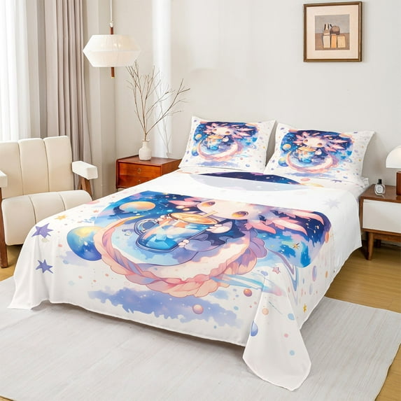 jejeloiu Lovely Axolotl Bed Sheets,Galaxy Planet Stars King Sheets,Purple Splatter Ink Sheet Set For Girl,Breathable Bedroom Decorative,4-Piece