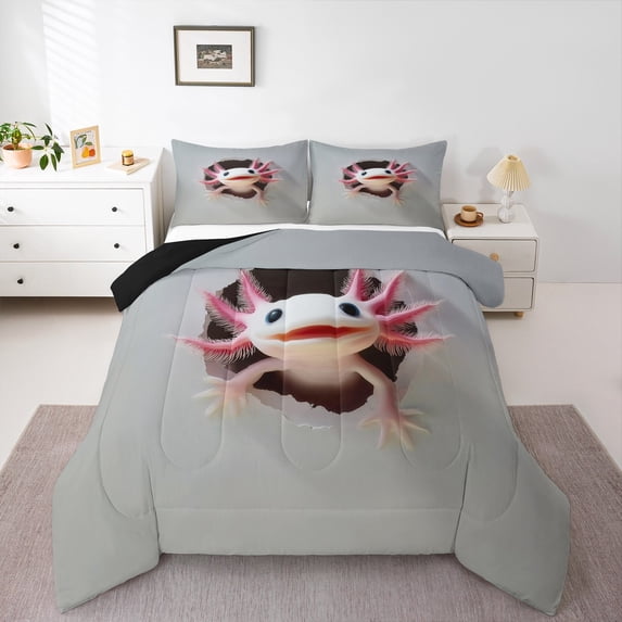 jejeloiu Lovely Axolotl Full Size Comforter Sets,Underocean Animal Coral Bedding Comforter Set,Pink Gray Bedding Sets For Girl,Breathable Bedroom Decorative Reversible,3pcs