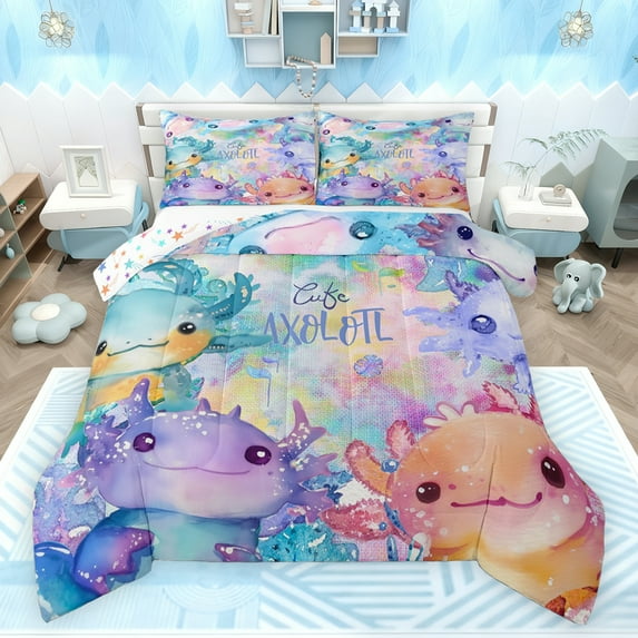 jejeloiu Lovely Axolotl Salamander Bedding Comforter Set,Watercolor Ink Painting Twin Comforter Sets,Abstract Aesthetic Art Bedding Set For Teens,Ultra Soft Home Decor Reversible,2 Pieces