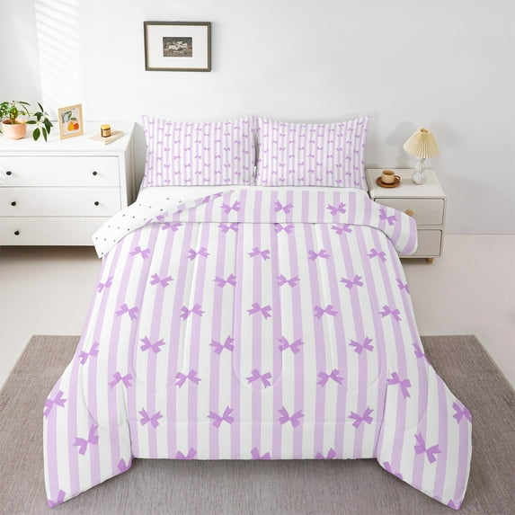 jejeloiu Lovely Bow Knot Full Size Comforter Sets,Princess Bowtie Bedding Comforter Set,Purple Stripes Lines Bedding Sets For Teens,Luxury Bedroom Decor Reversible,3-Piece