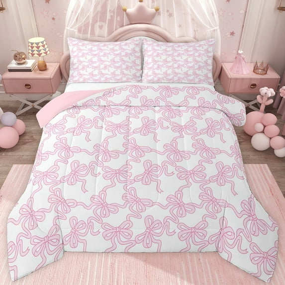 jejeloiu Lovely Bow Knot Twin Comforter Sets,Pink Cartoon Bowtie Bedding Set For Girls Reversible 2-Piece