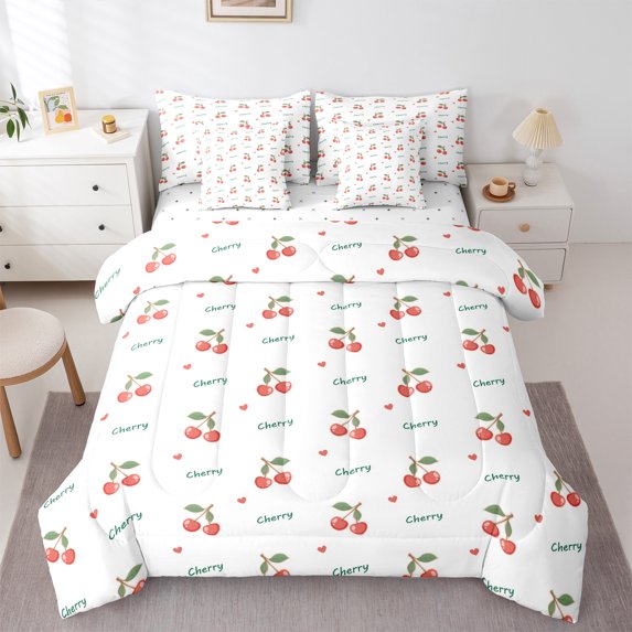 jejeloiu Lovely Cartoon Cherry 7-Piece Twin Bedding Sets,Rustic Fruit Bedding Comforter Set,Red Green White Sheet Sets For Child,Super Cozy Room Decor Reversible