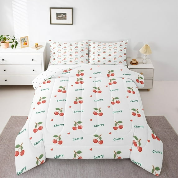 jejeloiu Lovely Cartoon Cherry Bedding Comforter Set,Rustic Fruit Twin Comforter Sets,Red Green White Bedding Set For Child,Super Cozy Room Decor Reversible,2 Pieces
