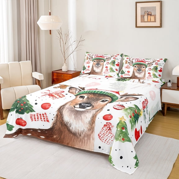 jejeloiu Lovely Christmas Reindeer Twin Sheet Sets,Chic Xmas Tree Twin Fitted Sheet,Happy New Year Gifts Flat Sheet For Girls Boys,Microfiber Bedroom Decor,3 Pieces