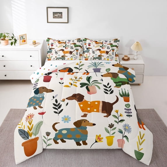 jejeloiu Lovely Dachshund Bedding Comforter Set,Rustic Flower Floral Twin Comforter Sets,Retro Farmhouse Cabin Bedding Set For Kids,Breathable Home Decor Reversible,2-Piece