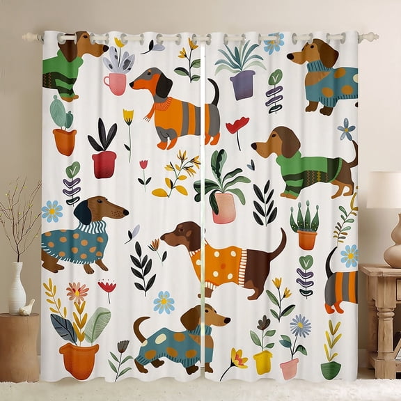 jejeloiu Lovely Dachshund Blackout Curtains Set of 2 (52x84 Each),Rustic Flower Floral Window Curtains,Retro Farmhouse Cabin Curtains and Drapes For Kids,Breathable Home Decor