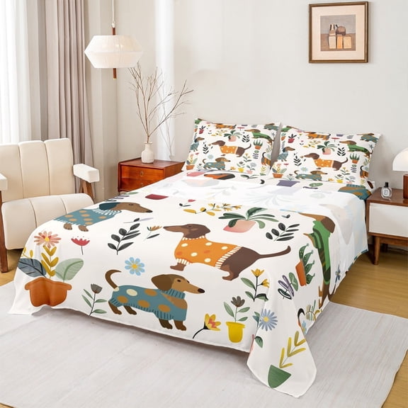 jejeloiu Lovely Dachshund Twin Sheet Sets,Rustic Flower Floral Twin Fitted Sheet,Retro Farmhouse Cabin Flat Sheet For Kids,Breathable Home Decor,3-Piece