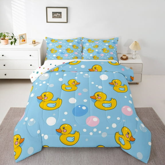 jejeloiu Lovely Duck Bedding Comforter Set,Cute Balloon Twin Comforter Sets,Yellow Blue Bedding Set For Kids Teens,Super Cozy Room Decor Reversible,2-Piece
