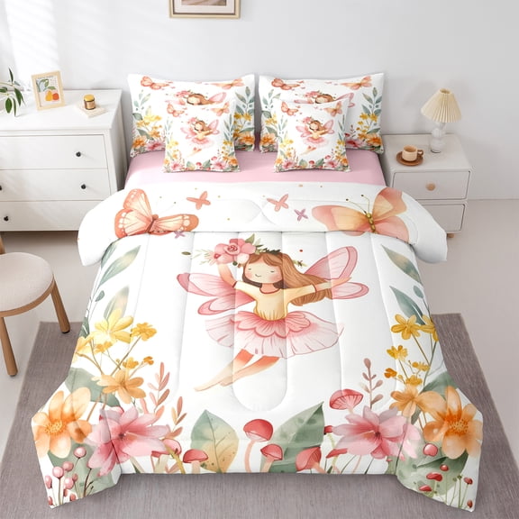 jejeloiu Lovely Elf 7-Piece Bedding Comforter Set,Kawaii Girl King Bedding Sets,Rustic Flower Mushroom Bed Sheets For Teens,Ultra Soft Home Decor Reversible