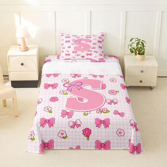 jejeloiu Lovely Floral Monogram S Twin Sheet Sets For Girls,Pink Ribbon Bowknot Bedding,3-Piece