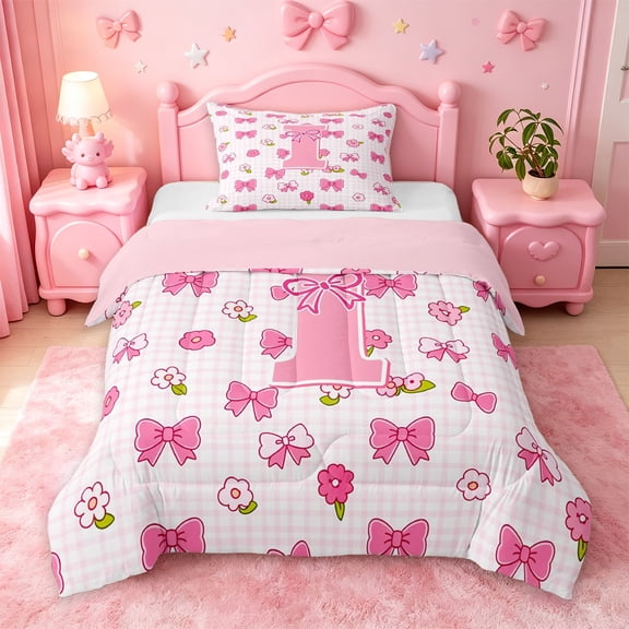 jejeloiu Lovely Flower Monogram I Twin Comforter Sets For Girls,Pink Ribbon Bow Bedding Set,Pink Reversible,2pcs