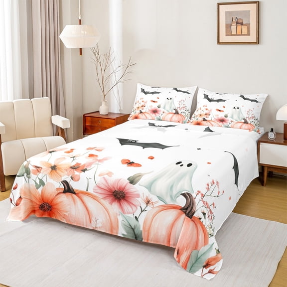 jejeloiu Lovely Halloween Ghost Bed Sheets,Black Spooky Bats King Sheets,Wutumn Harvest Pumpkin Sheet Set For Girls,Ultra Soft Home Decor,4pcs