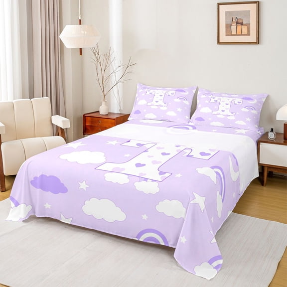 jejeloiu Lovely Loves Monogram T Bed Sheets For Kids,Purple Rainbow Stars Print King Sheets,4pcs
