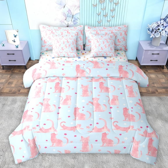 jejeloiu Lovely Pet Cat 7-Piece Twin Bedding Sets,Kitten Stars Silhouette Bedding Comforter Set,Pink Blue Sheet Sets For Kids,Breathable Home Decor Reversible