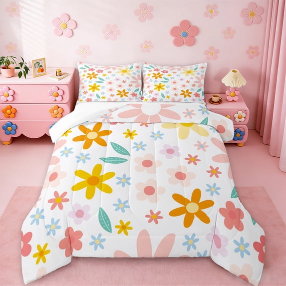 jejeloiu Lovely Plant Flower Queen Comforter Set,Rustic Farmhouse Cabin Bedding Sets,Cartoon Floral Bedding Comforter Set,Lightweight Room Decor,3pcs