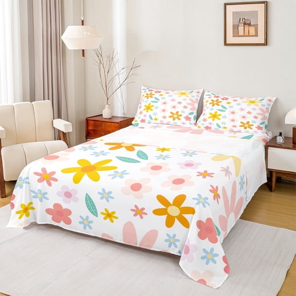 jejeloiu Lovely Plant Flower Twin Sheet Sets,Rustic Farmhouse Cabin Twin Fitted Sheet,Cartoon Floral Flat Sheet,Lightweight Room Decor,3-Piece