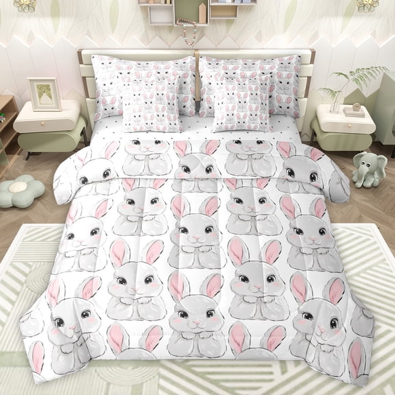 jejeloiu Lovely Rabbit 7-Piece Bedding Comforter Set,Cartoon Cute Rabbit King Bedding Sets,White Gray Pink Bed Sheets For Kids,Luxury Bedroom Decor Reversible