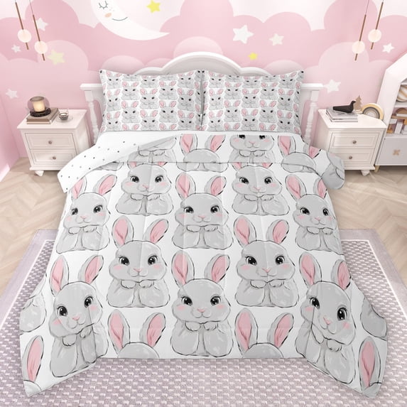 jejeloiu Lovely Rabbit Bedding Comforter Set,Cartoon Cute Rabbit Twin Comforter Sets,White Gray Pink Bedding Set For Kids,Luxury Bedroom Decor Reversible,2-Piece