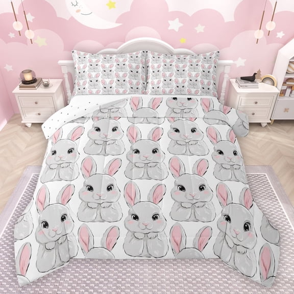 jejeloiu Lovely Rabbit Bedding Comforter Set,Cartoon Cute Rabbit Twin Comforter Sets,White Gray Pink Bedding Set For Kids,Luxury Bedroom Decor Reversible,2-Piece