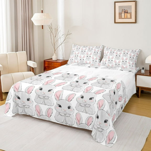 jejeloiu Lovely Rabbit Queen Sheet Sets,Cartoon Cute Rabbit Flat Sheet,White Gray Pink Queen Fitted Sheet For Kids,Luxury Bedroom Decor,4pcs