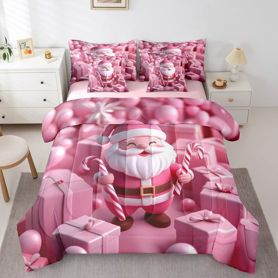 jejeloiu Lovely Santa Claus 7pcs Bedding Comforter Set,Sweet Candy Cane Queen Bedding Sets,Girls Pink Christmas Gifts Queen Sheet Sets For Kids,Ultra Soft Home Decor Reversible