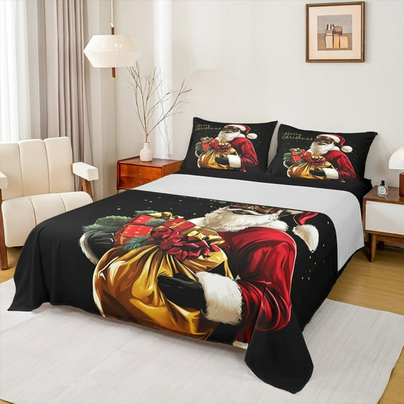 jejeloiu Lovely Santa Claus Queen Sheet Sets,Chic Xmas Gifts Flat Sheet,Merry Christmas Queen Fitted Sheet For Girls Boys,Red Gray Beige Bedroom Decor,4-Piece