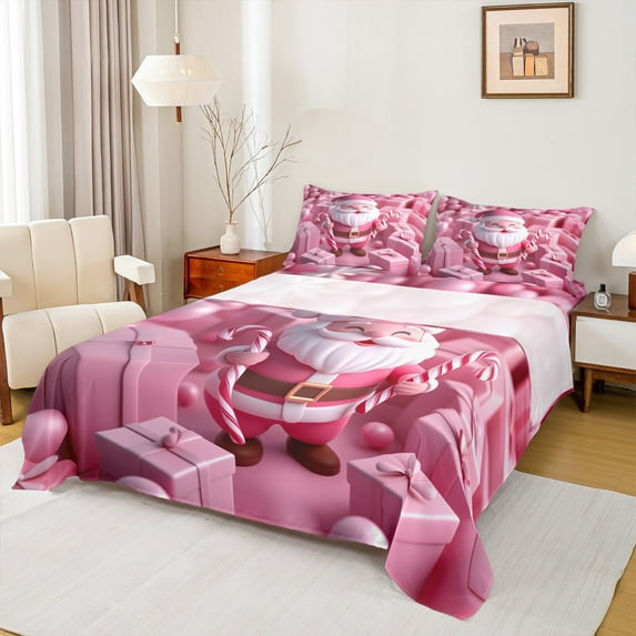 jejeloiu Lovely Santa Claus Queen Sheet Sets,Sweet Candy Cane Flat Sheet,Girls Pink Christmas Gifts Queen Fitted Sheet For Kids,Ultra Soft Home Decor,4pcs